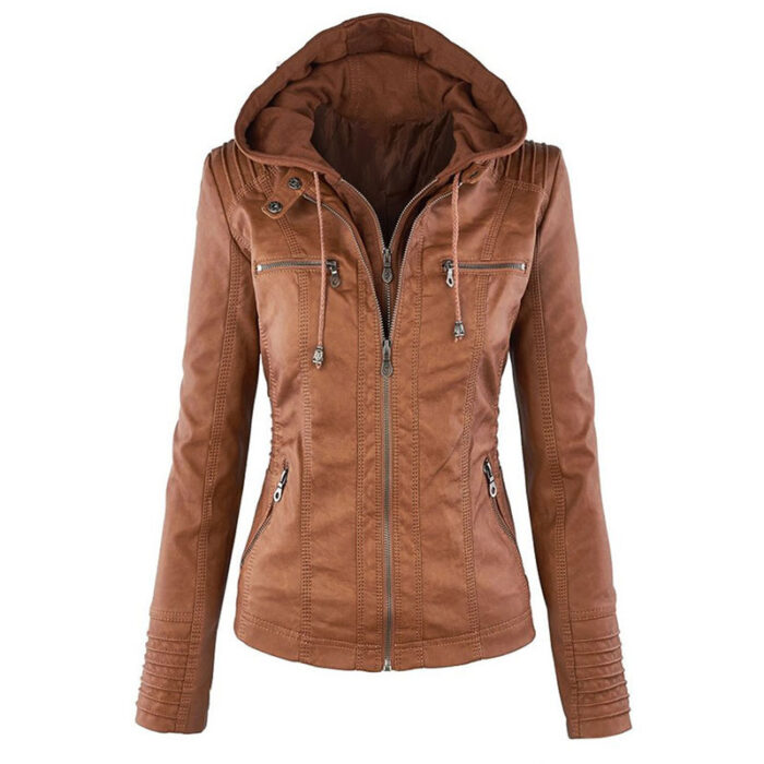 New Women’s Hooded Faux Soft Leather Zipper Jacket Motorcycle Streetwear 4