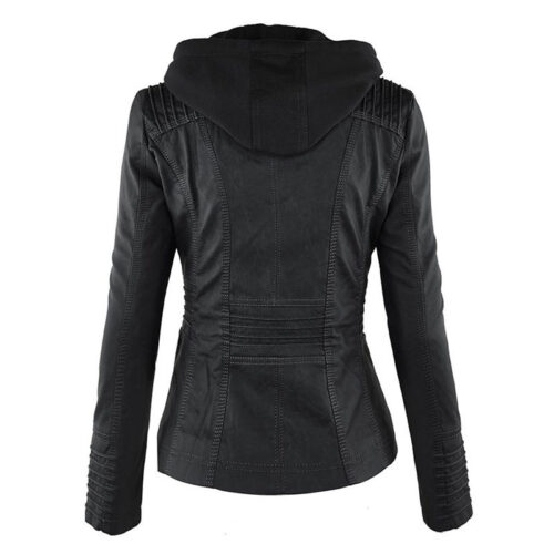 New Women’s Hooded Faux Soft Leather Zipper Jacket Motorcycle Streetwear 2