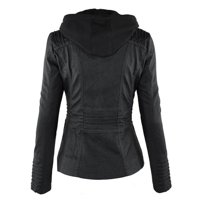 New Women’s Hooded Faux Soft Leather Zipper Jacket Motorcycle Streetwear 2