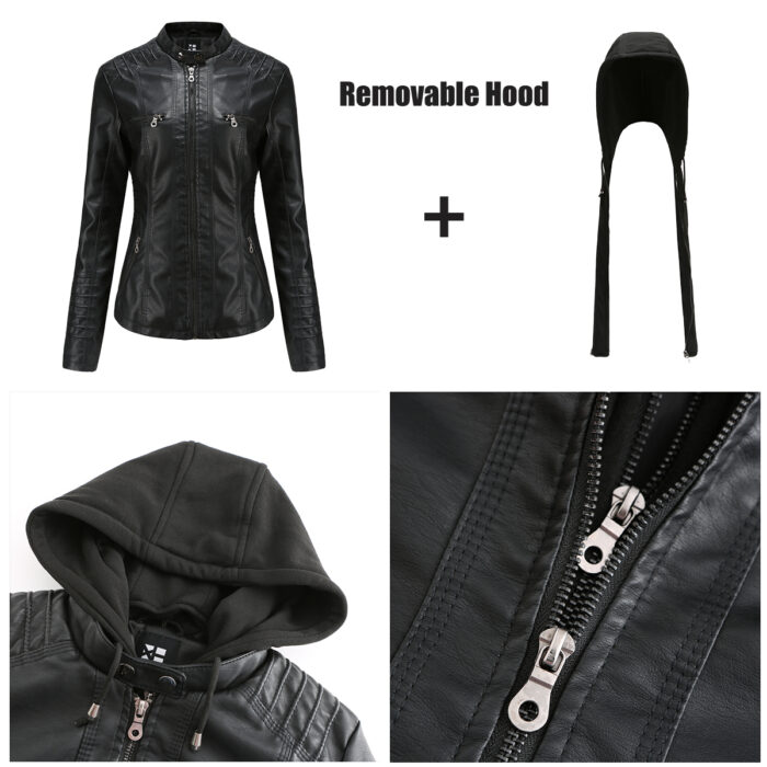 New Women’s Hooded Faux Soft Leather Zipper Jacket Motorcycle Streetwear 6
