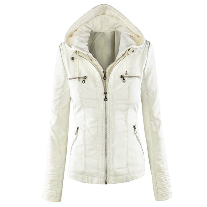 New Women’s Hooded Faux Soft Leather Zipper Jacket Motorcycle Streetwear 3